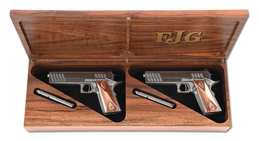 (M) SEQUENTIAL PAIR OF JESSE JAMES GRANDMASTER .45 ACP SEMI-AUTOMATIC 1911A1 TYPE PISTOLS WITH CASE.