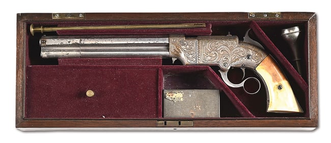 (A) CASED DELUXE ENGRAVED AND FULLY PLATED VOLCANIC REPEATING ARMS NO. 2 NAVY MODEL LEVER ACTION
