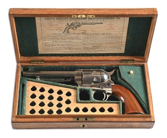 (A) CASED COLT SINGLE ACTION ARMY REVOLVER IN .450 BOXER.