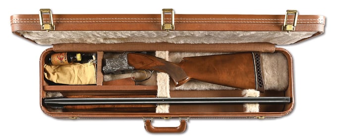 (C) BELGIAN BROWNING DIANA GRADE SUPERPOSED OVER/UNDER 12 GAUGE SHOTGUN IN CASE, WITH ENGRAVING BY