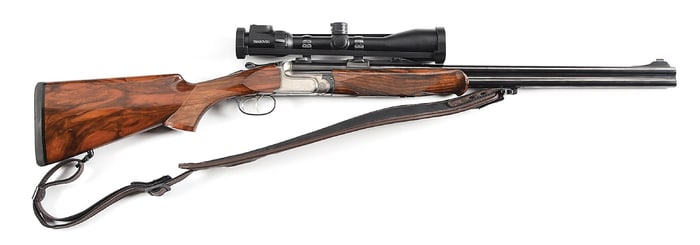 (M) PERUGINI & VISINI OVER UNDER DOUBLE RIFLE IN .416 REMINGTON, GAME SCENE ENGRAVING BY TOMASONI.