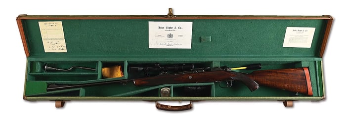 (C) CASED RIGBY BIG GAME .375 H&H MAGNUM BOLT ACTION RIFLE.