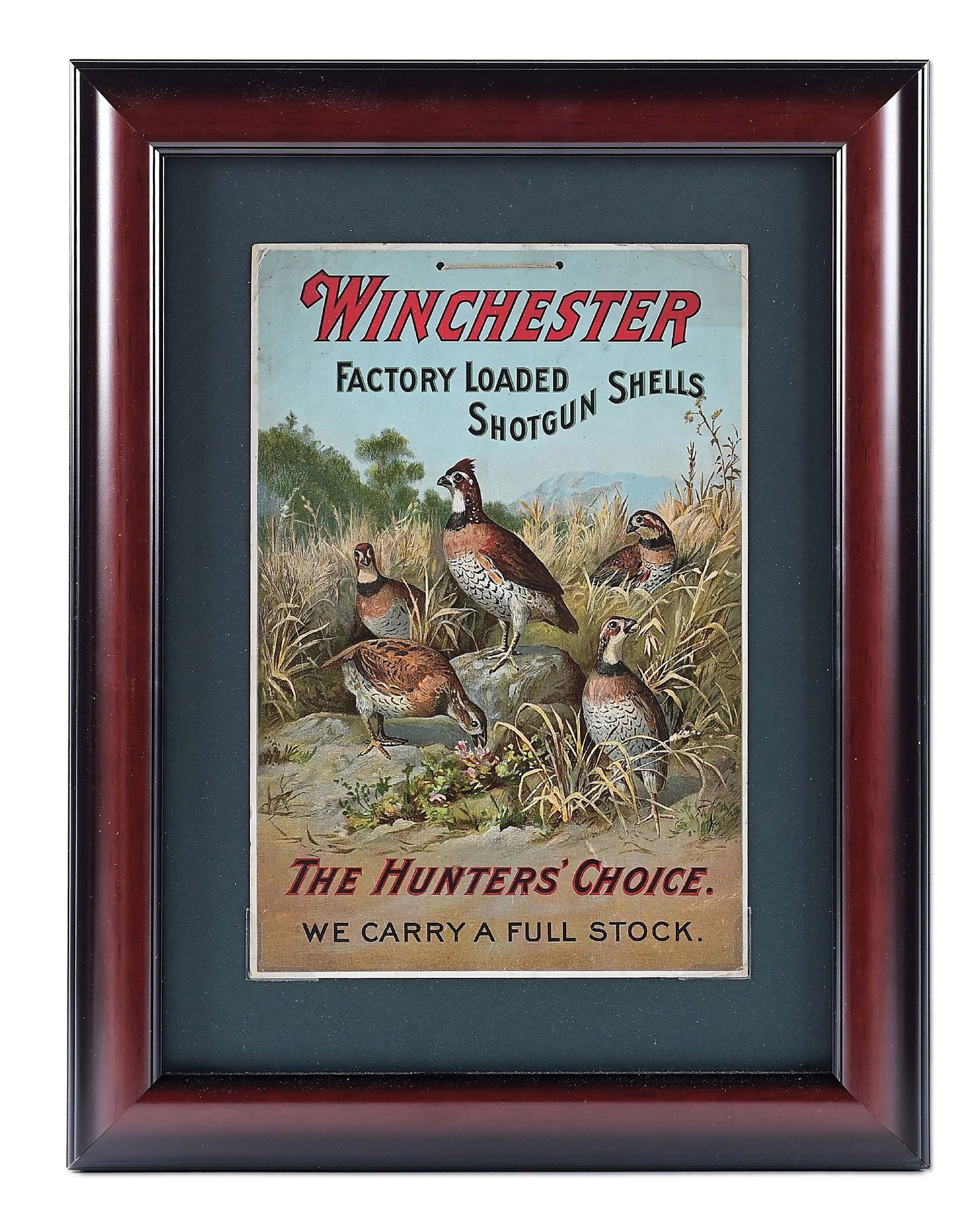 WINCHESTER "THE HUNTERS' CHOICE" CASE INSERT HANGING SIGN.: These early pre-1906 carboard signs were shipped to dealers packed in cases of shotgun shells to advertise the ammunition. Of the known designs, "The Hunters' Choice" is considered the rarest and most