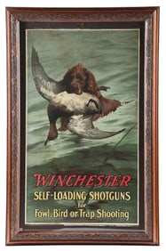 WINCHESTER "CHESAPEAKE RETRIEVING CANVASBACK DUCK" SELF-LOADING SHOTGUN ADVERTISING POSTER.