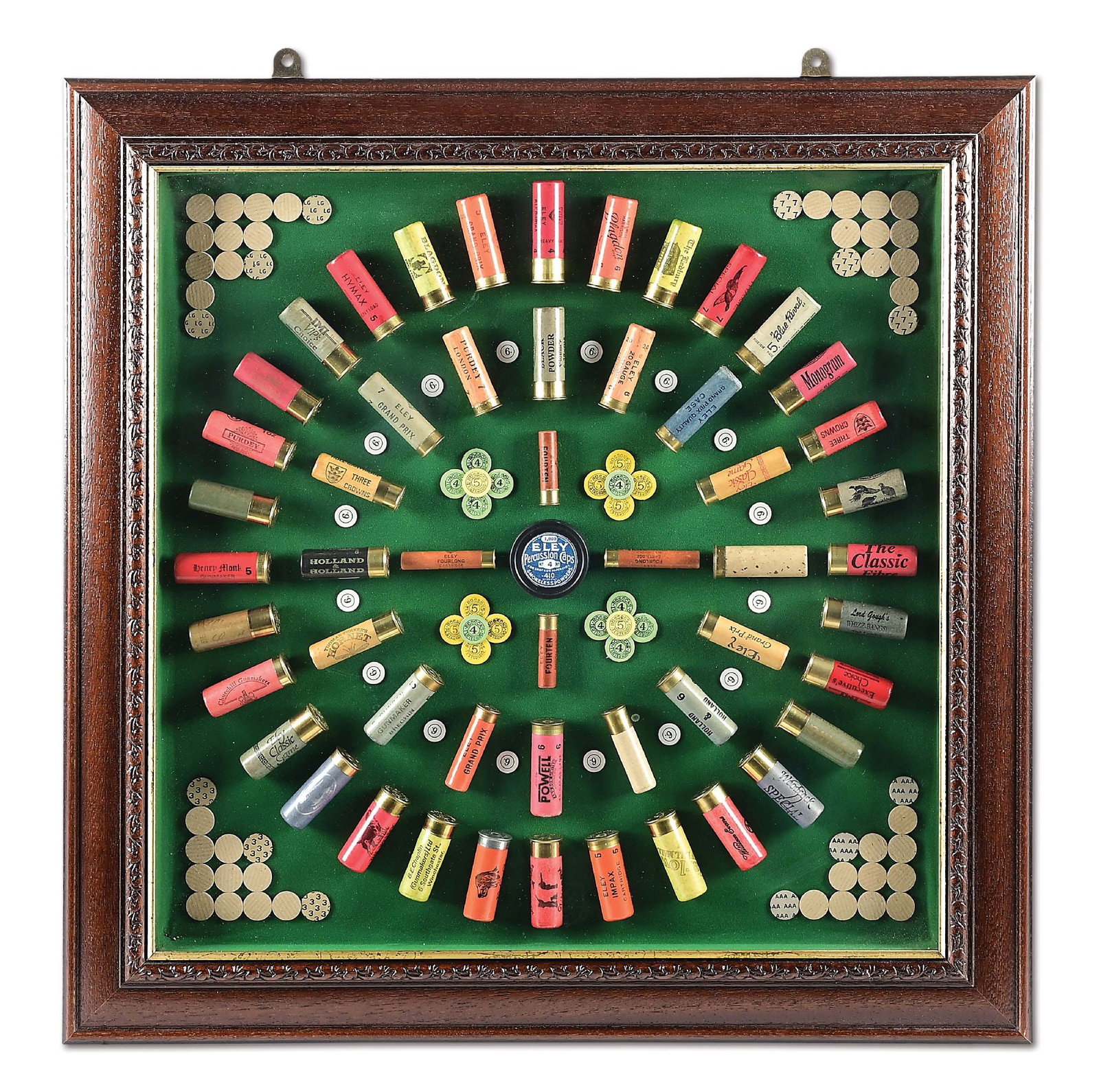 ENGLISH SPORTING SHOTSHELL CARTRIDGE BOARD.: Crafted by DMB Designs in Worchestershire, UK for C.W. Anglin. The modern representation of the classic British factory ammunition display board is mounted with 52 bright and colorful deactivated clas