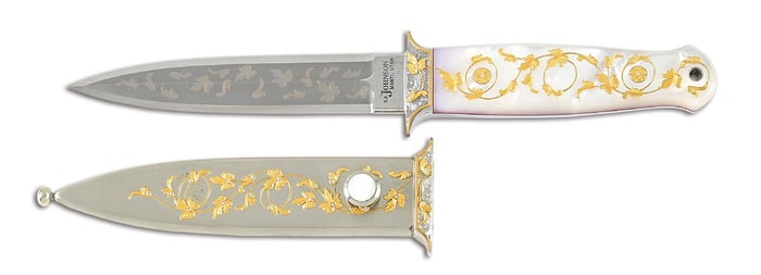 SR JOHNSON MEDIUM SIZE PEARL AND GOLD DAGGER EMBELLISHED BY BARRY LEE HANDS.