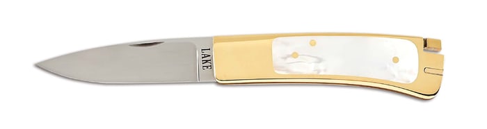 RON LAKE CUSTOM 18K GOLD AND PEARL TAIL LOCK KNIFE.