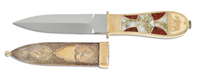 JIM SORNBERGER SMALL SAN FRANCISCO STYLE GOLD QUARTZ INLAID DAGGER.