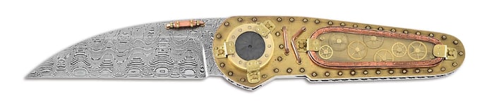 VAN BARNETT CUSTOM AKI 2013 TIME MACHINE DAMASCUS AND COPPER LINERLOCK KNIFE.