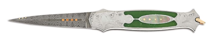 WARREN OSBORNE CUSTOM GREEN CHROME JADE AND BLACK LIP PEARL SHELL INTERFRAME LOCKBACK KNIFE.
