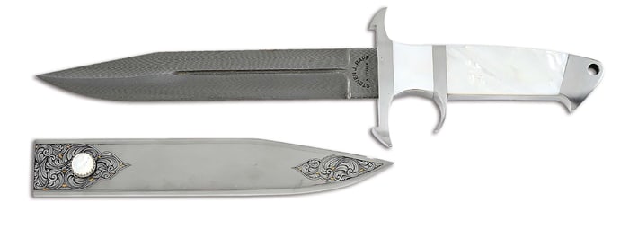 STEVEN RAPP 2015 AKI CUSTOM DAMASCUS AND MOTHER OF PEARL SHELL BIG BEAR FIGHTER ENGRAVED BY TIM