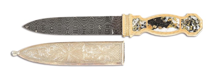 JIM SORNBERGER MINIATURE SAN FRANCISCO GOLD QUARTZ DAGGER.