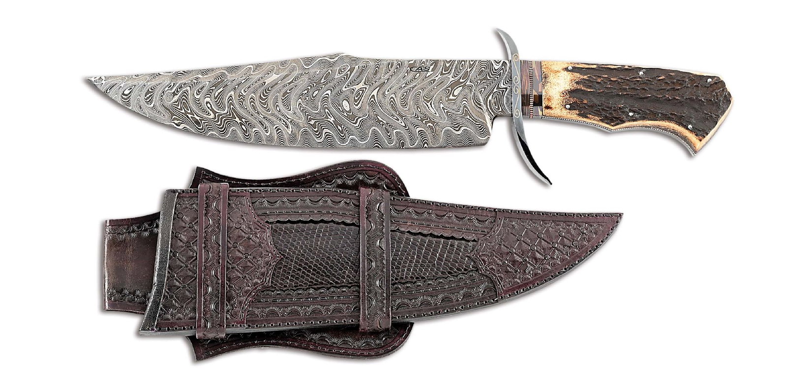 CAS KNIVES RANGER BOWIE KNIFE.: Bowie knife crafted by brothers Claudio, Ariel, and Marcelo Sobral who operate CAS Knives. The "Ranger" bowie features a Damascus drop point blade with false top edge. Blade is marked "CAS". Hidden ta
