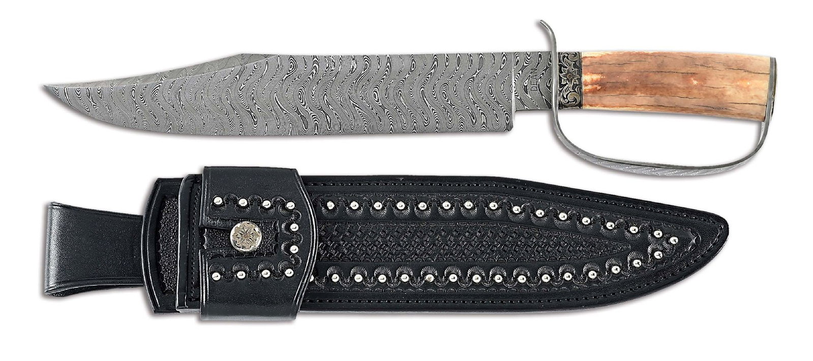 HARVEY DEAN DAMASCUS BLADE KENNESAW D-GUARD BOWIE KNIFE.: Harvey Dean showcases his diverse style through the blades he produces and is known to have crafted high quality utility knives, hunters, camp knives, fighters, and Bowie knives, such as this example,