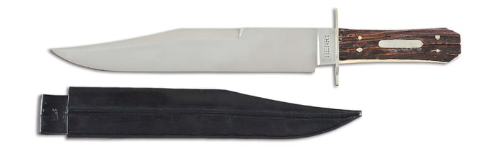 LARGE D.E. HENRY STAG HANDLE BOWIE KNIFE WITH "OLD GRIZZLEY" ESCUTCHEON.