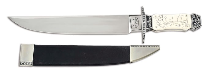 MICHAEL COLLINS "ENTEBBE" BOWIE KNIFE WITH ENGRAVED AND SCRIMSHAWED HANDLE.