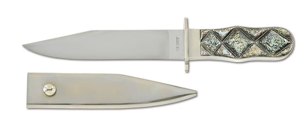 D.E. HENRY CUSTOM BOWIE KNIFE WITH CAPTIVATING ABALONE GRIPS.
