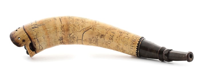 HISTORIC ENGRAVED POWDER HORN OF JOHANN CHRISTIAN SCHELL DATED 1760.