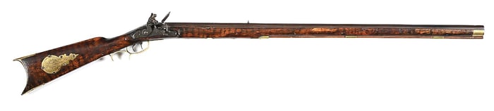 (A) STEMBRIDGE STUDIO MARKED FLINTLOCK KENTUCKY RIFLE USED IN MAN OF CONQUEST AND FIGHTING