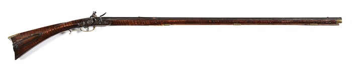(A) EARLY LEHIGH FLINTLOCK KENTUCKY RIFLE WITH WOOD PATCHBOX.