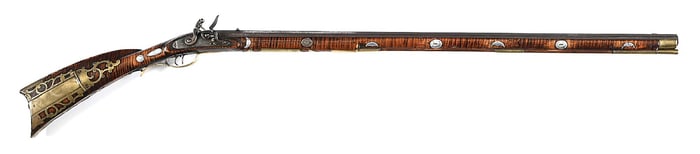 (A) INCISE CARVED FLINTLOCK KENTUCKY RIFLE SIGNED "JK" WITH 25 SILVER INLAYS
