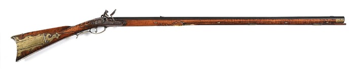 (A) RESTOCKED GEORGE SHROYER FLINTLOCK KENTUCKY RIFLE.