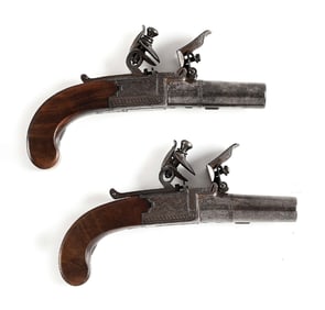 (A) MATCHED PAIR OF DURS EGG LONDON FLINTLOCK MUFF PISTOLS.