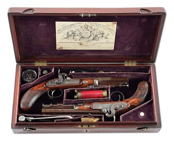 (A) FINE CASED PAIR OF THOMAS MORTIMER PERCUSSION PISTOLS.