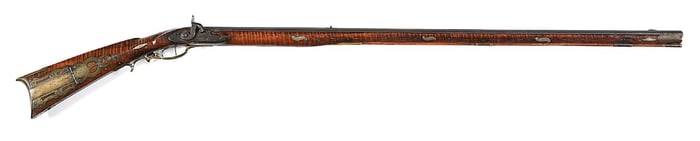 (A) RELIEF CARVED AND PROFUSELY SILVER-INLAID PERCUSSION KENTUCKY RIFLE.