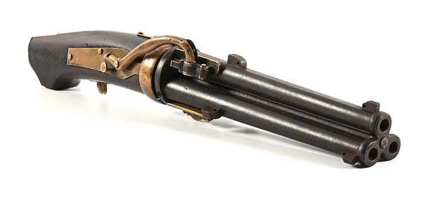 (A) JAPANESE THREE BARREL SWIVEL BREECH PALANQUIN MATCHLOCK PISTOL.