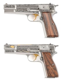 (M) LOT OF 2: SET OF FACTORY ENGRAVED BROWNING HI-POWER CLASSIC SEMI-AUTOMATIC PISTOLS.