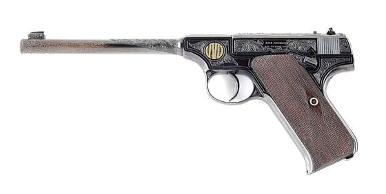 (C) GOUGH ENGRAVED COLT PRE-WOODSMAN .22 LR SEMI-AUTOMATIC PISTOL WITH FACTORY LETTER.