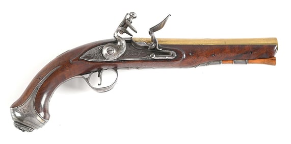 (A) BRASS BARRELED SILVER MOUNTED FLINTLOCK PISTOL BY WILSON.