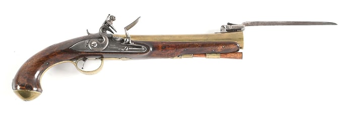 (A) BRASS BARRELED B & M REDFERN FLINTLOCK BLUNDERBUSS PISTOL WITH SPRING BAYONET, EX. WALTER