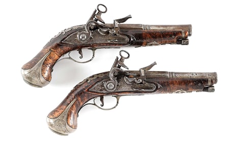 (A) PAIR OF SILVER MOUNTED FLINTLOCK PISTOLS BY F. ACQUAVIVA WITH GOLD TOUCH MARKS.