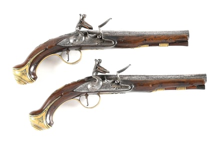 (A) PAIR OF T. POCOCK FLINTLOCK PISTOLS.
