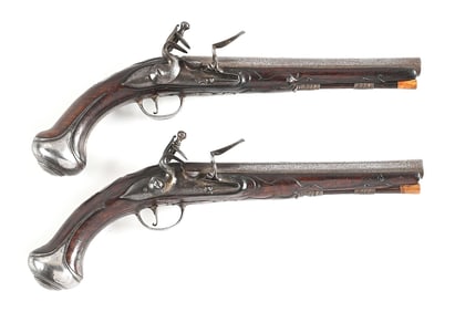 (A) PAIR OF IRON MOUNTED JOHN SMART OFFICERS PISTOLS.