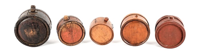 LOT OF 5: REVOLUTIONARY WAR-FEDERAL PERIOD MILITIA CANTEENS.