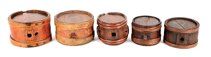 LOT OF 5: REVOLUTIONARY WAR-FEDERAL PERIOD MILITIA CANTEENS.