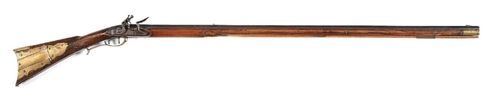 (A) CARVED FLINTLOCK KENTUCKY RIFLE WITH SILVER INLAID BARREL, ATTRIBUTED TO ABRAHAM SCHWEITZER