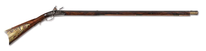 (A) RELIEF CARVED FLINTLOCK KENTUCKY RIFLE SIGNED "J. MEWHIRTER"