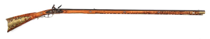 (A) INCISE CARVED SAMUEL BAUM SIGNED FLINTLOCK KENTUCKY RIFLE.