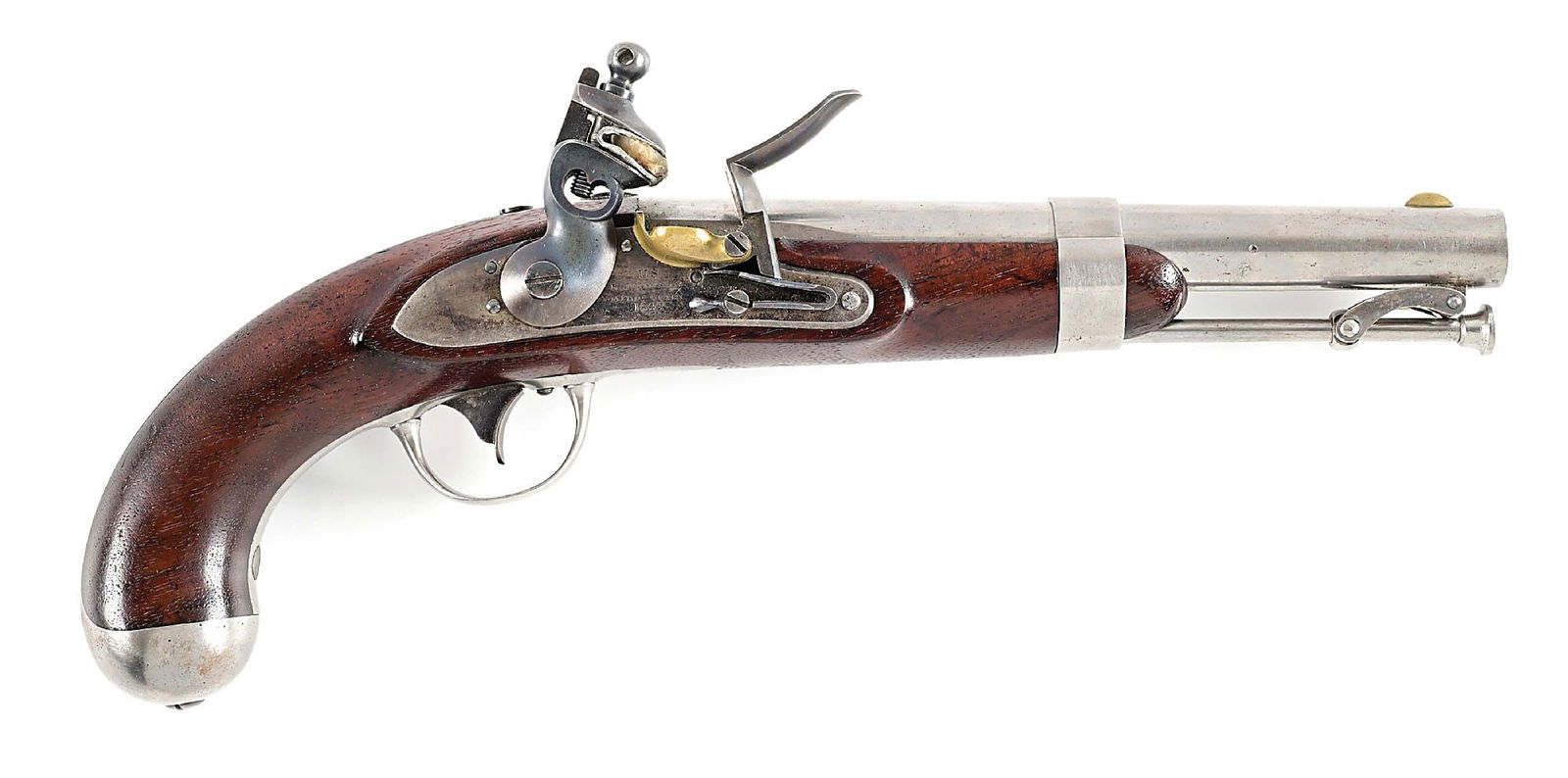 (A) VERY FINE US MODEL 1836 FLINTLOCK PISTOL BY ROBERT JOHNSON.: Manufactured in Middletown, Connecticut, from 1836-1844. A nearly unissued service pistol with swivel loading rod, iron furniture, and brass front sight. Lock has maker legend and is dated 1842. Left