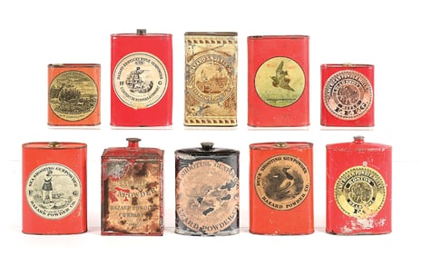 LOT OF 10: HAZARD AND AMERICAN POWDER CO. GUNPOWDER TINS.