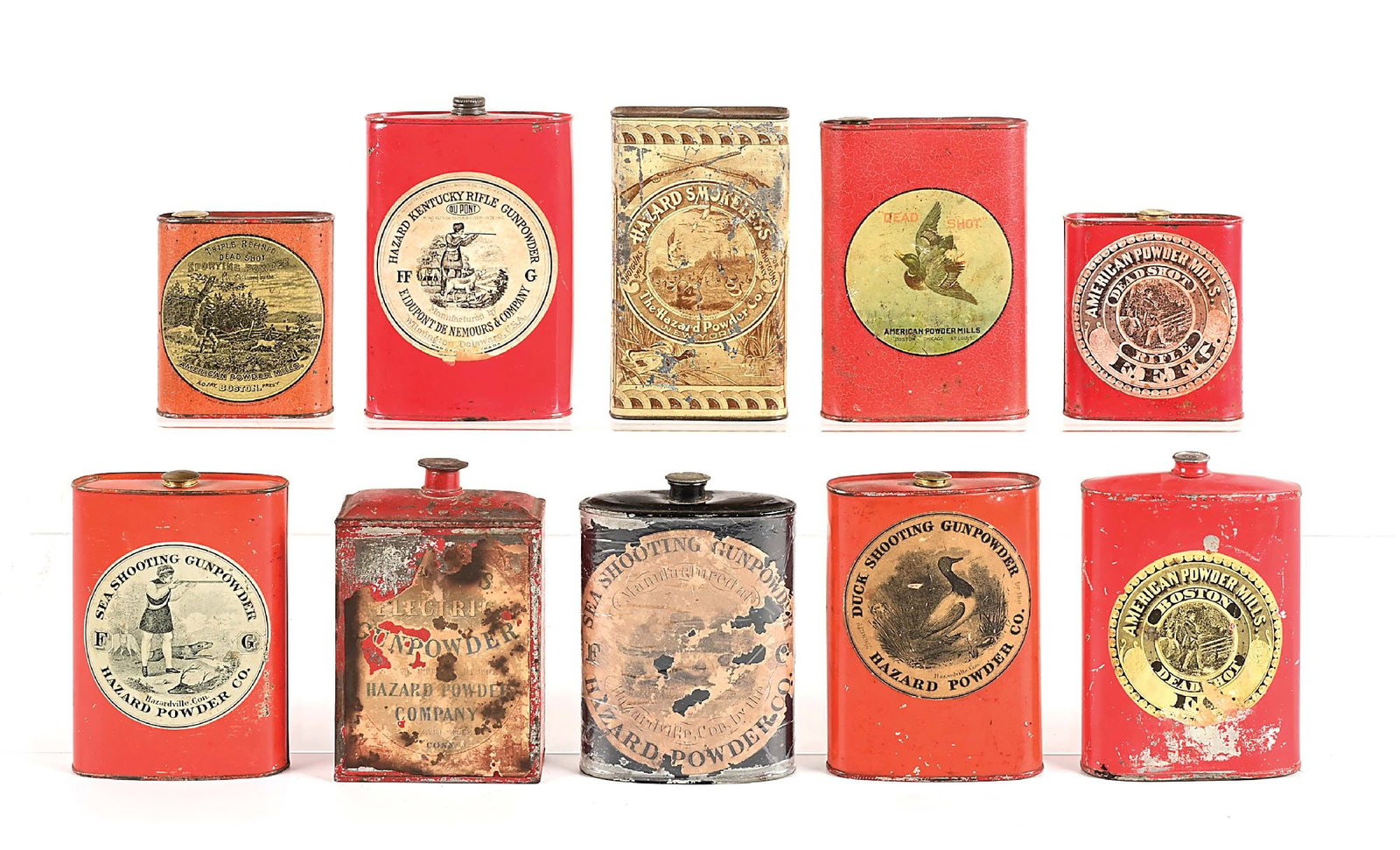 LOT OF 10: HAZARD AND AMERICAN POWDER CO. GUNPOWDER TINS.: This attractive grouping includes an assortment of Hazard and American Powder Co. gunpowder cans including Hazard Kentucky Rifle Powder, Hazard Sea Shooting Powder, and American Dead Shot, many with n