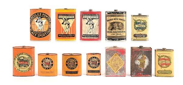 LOT OF 12: HERCULES AND LAFLIN & RAND GUNPOWDER TINS.