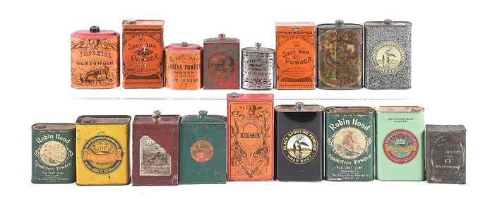 LOT OF 17: IMPRESSIVE COLLECTION OF VINTAGE GUNPOWDER TINS.