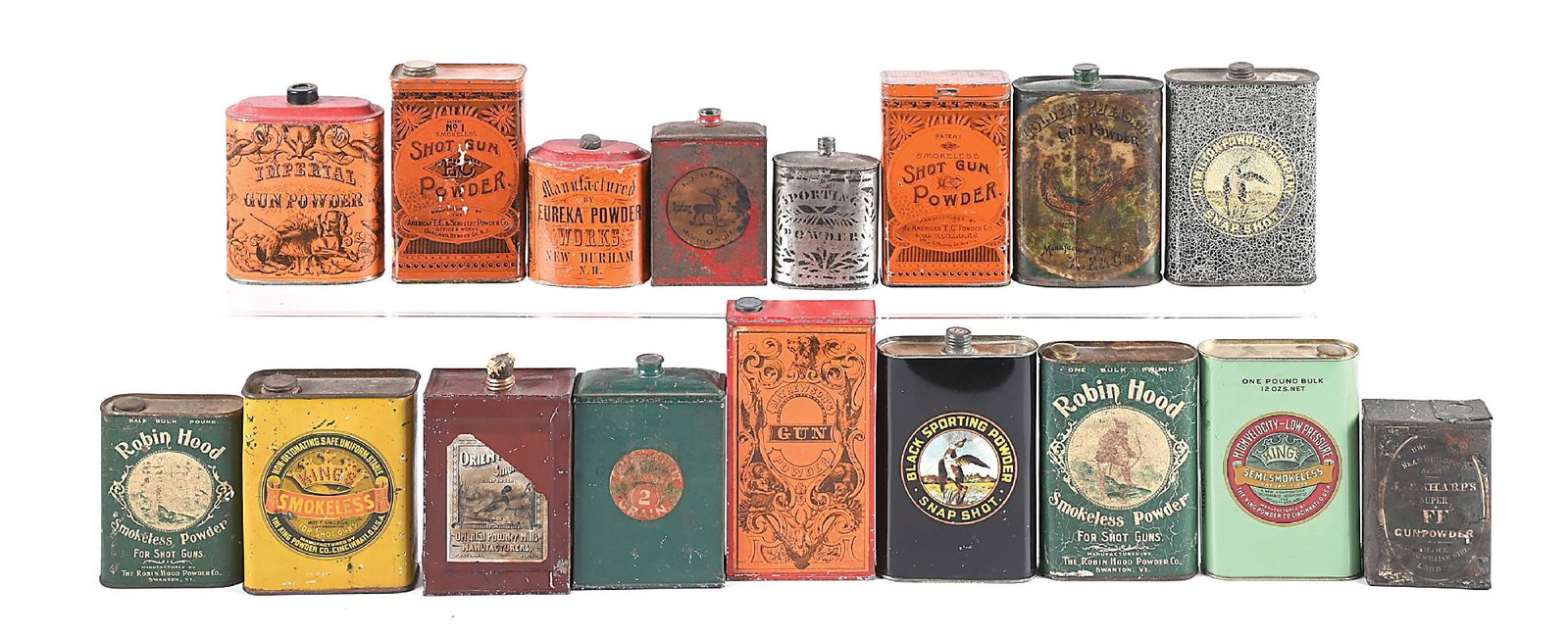 LOT OF 17: IMPRESSIVE COLLECTION OF VINTAGE GUNPOWDER TINS.: This great, ready made powder can collection includes many scarce cans from makers including Robin Hood, A.F. & Co. Golden Pheasant, King Powder Co., The American "E.G." Powder Co, Mathewson, Hamilton