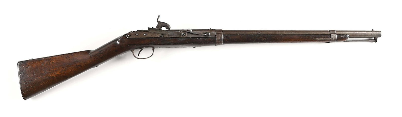 (A) MODEL 1843 HALL-NORTH BREECH LOADING SIDE LEVER PERCUSSION CARBINE.: Dated 1852. The case color breech is stamped "US", "S NORTH", and "MIDDLtn CONN 1852". The left side of the one piece walnut stock has an inspector cartouche that is visible but not legible with anoth