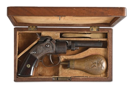 (A) CASED AND ENGRAVED MASSACHUSETTS ARMS COMPANY POCKET REVOLVER WITH MAYNARD PRIMER.